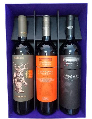 Caja especial regalo con 3 vinos Bodegas Nexus & Frontaura. Nexus +, Frontaura Verdejo, Pisarrosas